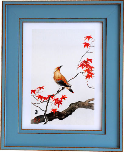 Bird on Maple, Blue, 9" x 11", available in 2 other frame colours.