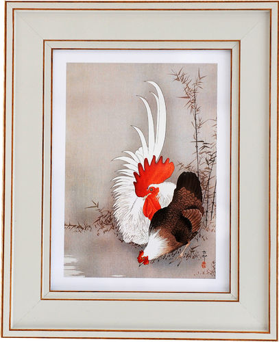 Ohara Koson 11" x 9" Rooster/Grey Hen - Grey, available in 2 other frame colours.