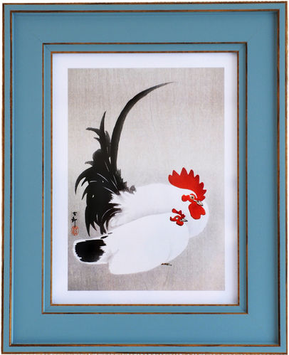 Ohara Koson 11" x 9" Rooster/White Hen - Blue, available in 2 other frame colours.