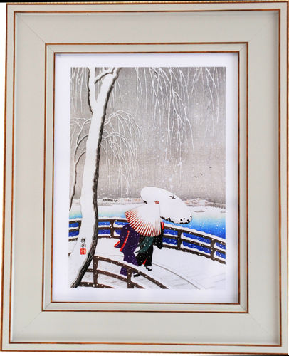 Ohara Koson 11" x 9" Two Women Snow - Grey, available in 2 other frame colours.